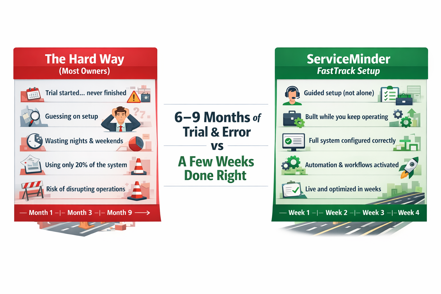 Comparison infographic: 6 to 9 months of trial and error doing it the hard way versus a few weeks done right with ServiceMinder FastTrack setup.
